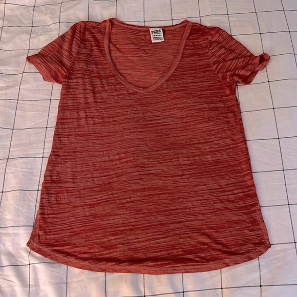 SOLD - NWOT PINK Victoria’s Secret Red & Pink Semi-Sheer Short Sleeve Tee - Picture 1 of 7